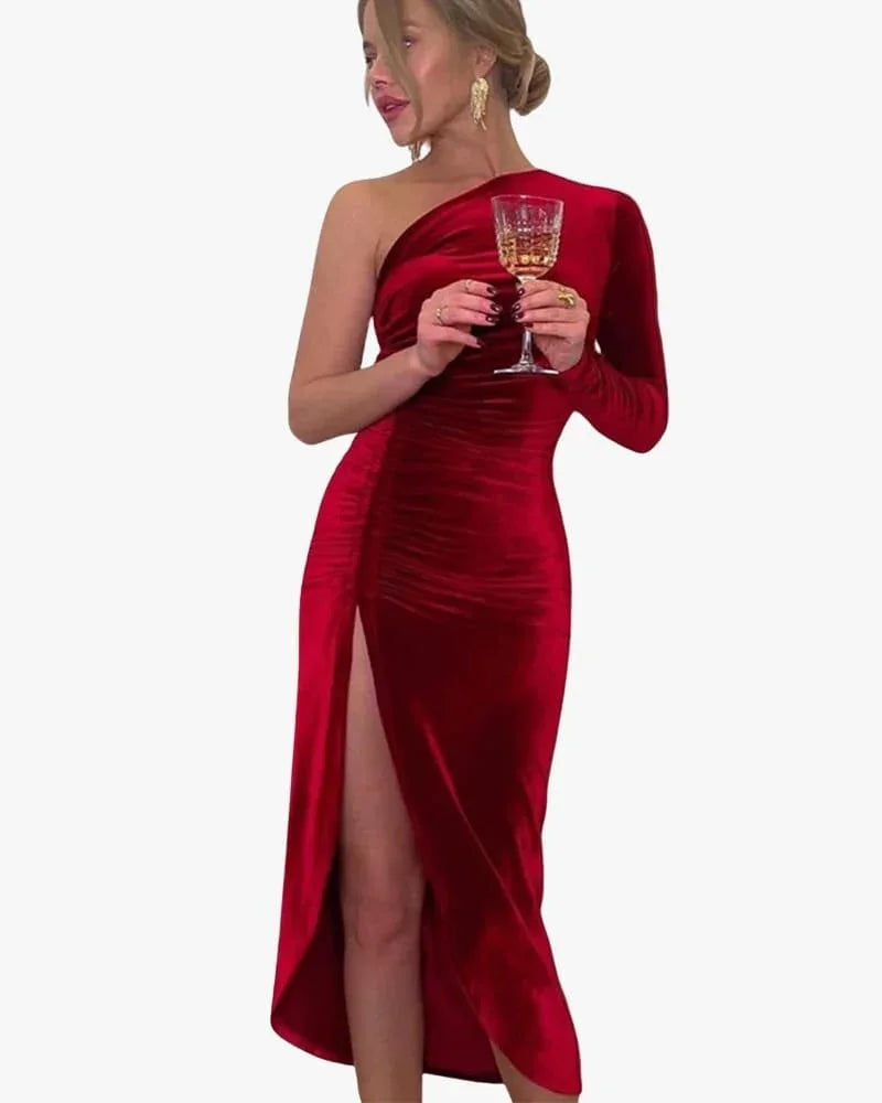 Wedding Guest Dress – Elegant Green Velvet Bodycon Midi Dress for Winter Evenings